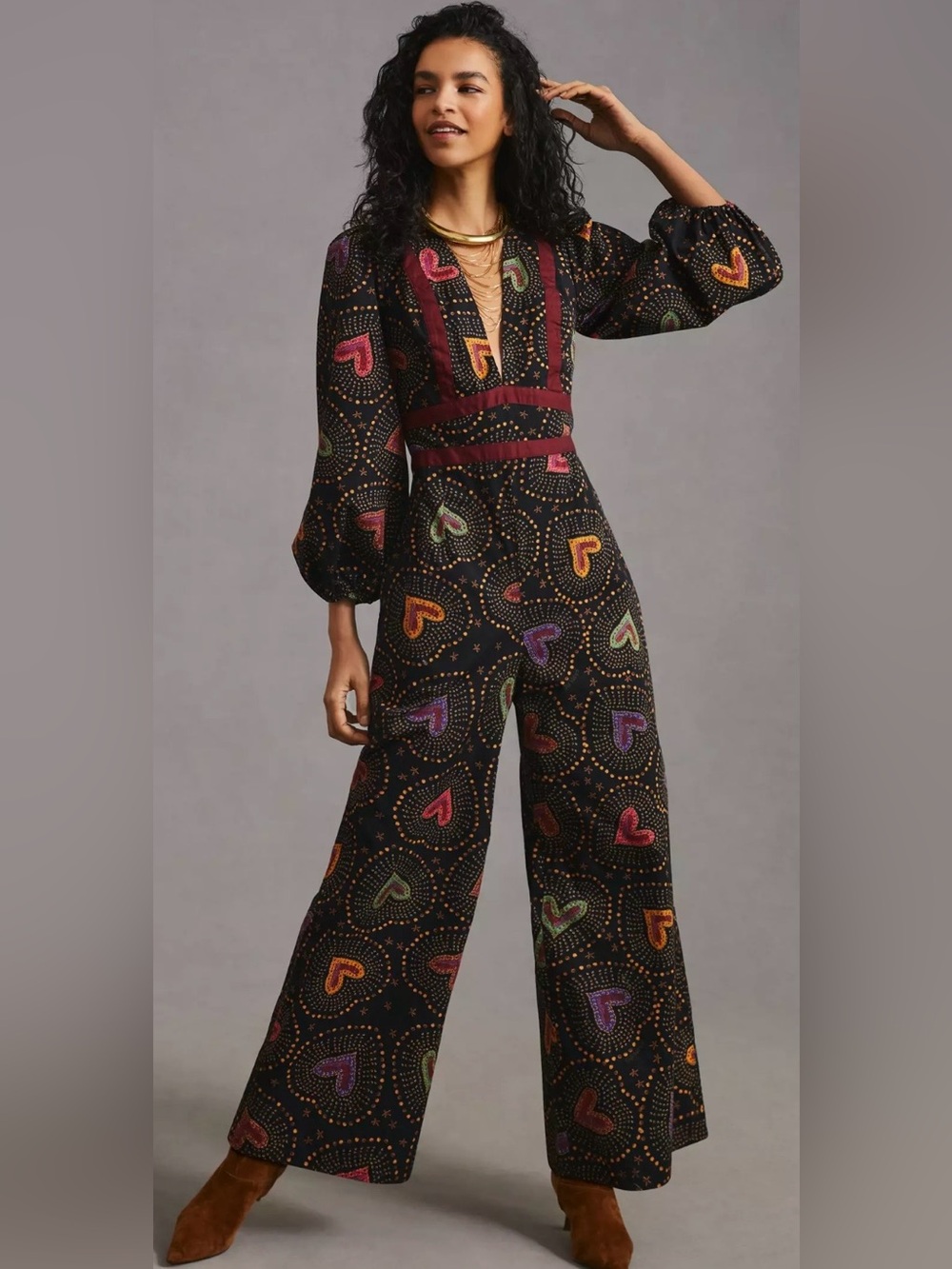 Farm Rio Black Heart Deep V Jumpsuit